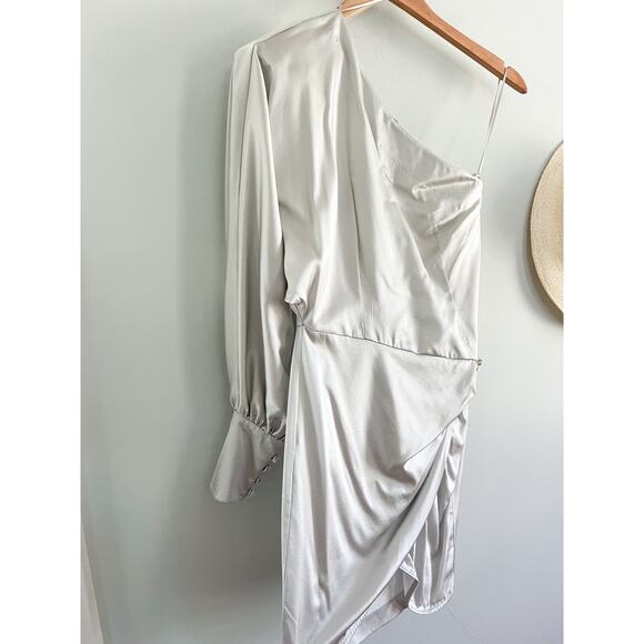 Retrofete | Drisana Silk Satin Ruched Dress | Silver | Size XS - Picture 3 of 12